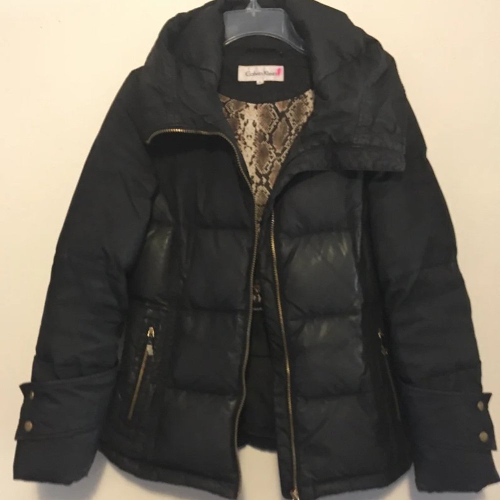 Vintage Calvin Klein Down Jacket Quilted Winter Coat Womens Hooded Black SM Warm